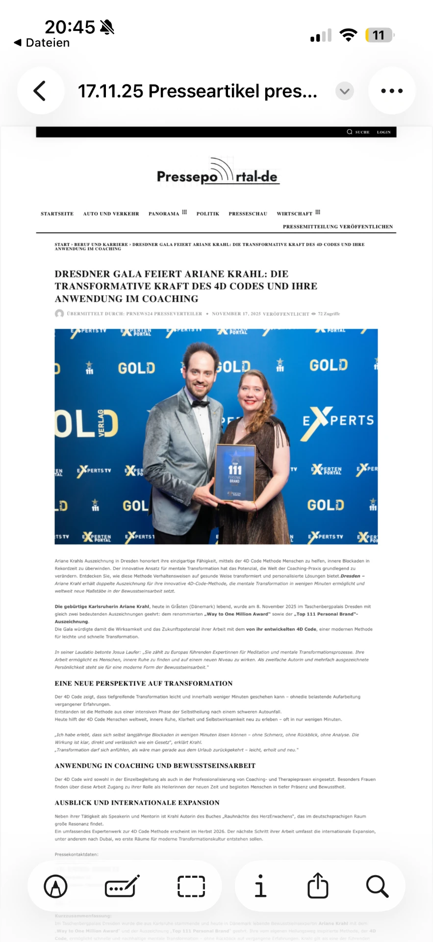 Presseartikel über die Auszeichnung von Ariane Krahl bei der Dresdner Gala