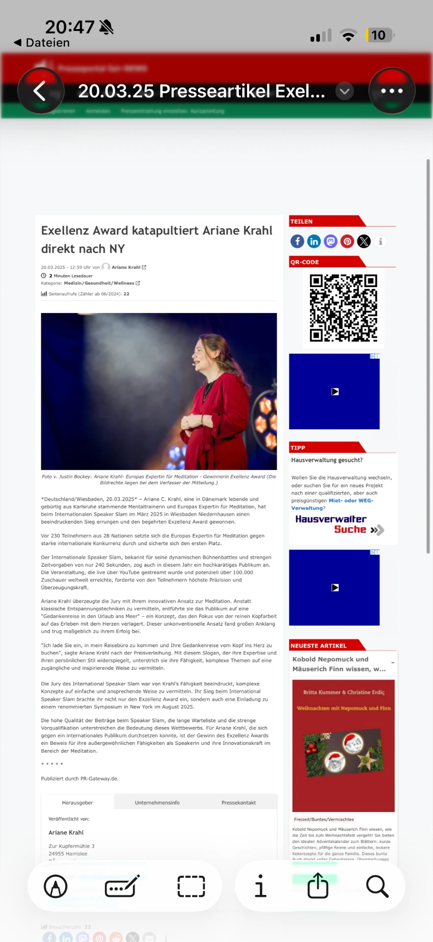 Presseartikel über den Exzellenz Award für Ariane Krahl